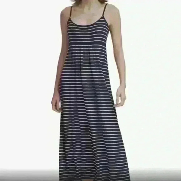 Calvin Klein Navy/White Striped Pleated Front Sleeveless Maxi Dress - Picture 1 of 7